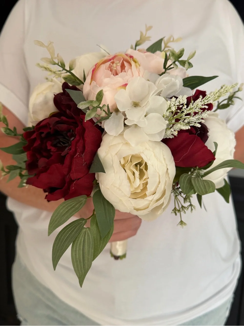 Silk Bridal/Bridesmaid Bouquet - Ivory, Blush & Burgundy Floral Arrangement